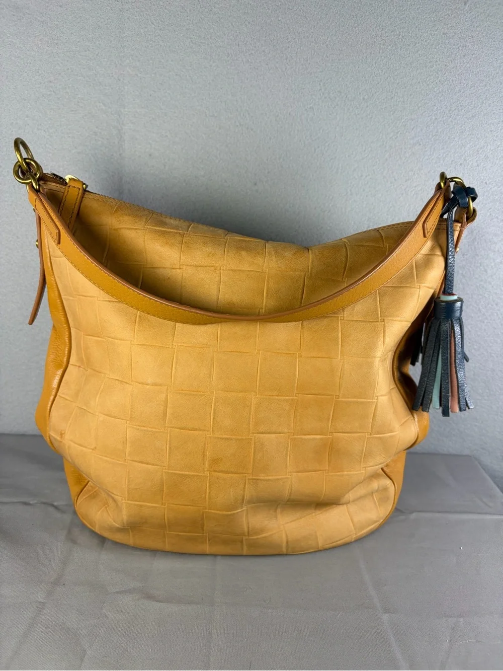 Fossil Jolie Woven Leather Hobo with Navy Tassel Accent